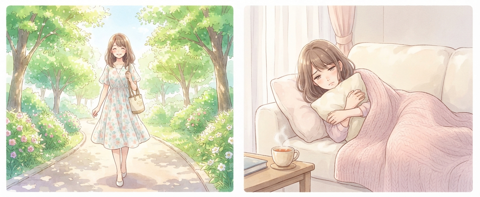 同じ女性を2つ並べたイラスト。左は晴れた日に公園を笑顔で歩いている。右は家のソファで毛布にくるまり、クッションを抱いて横になっている。