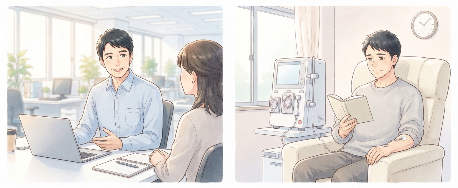 同じ男性を2つ並べたイラスト。左は職場で同僚と笑顔で話している。右はクリニックのいすで透析を受けながら、静かに本を読んでいる。
