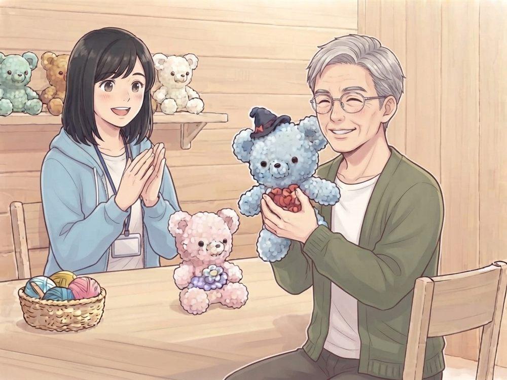 50代の利用者さんが編みあがったくまのあみぐるみを見せ、ヘルパーが拍手している様子のイラスト