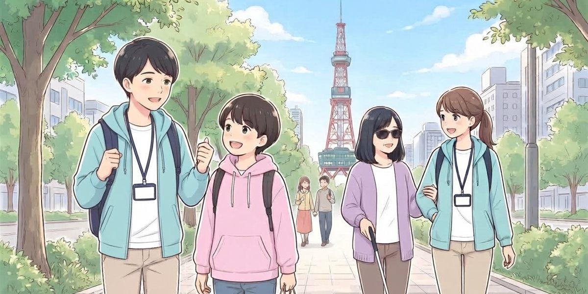 ヘルパーと一緒に札幌の街へ出かける様子のイラスト(移動支援・同行援護)