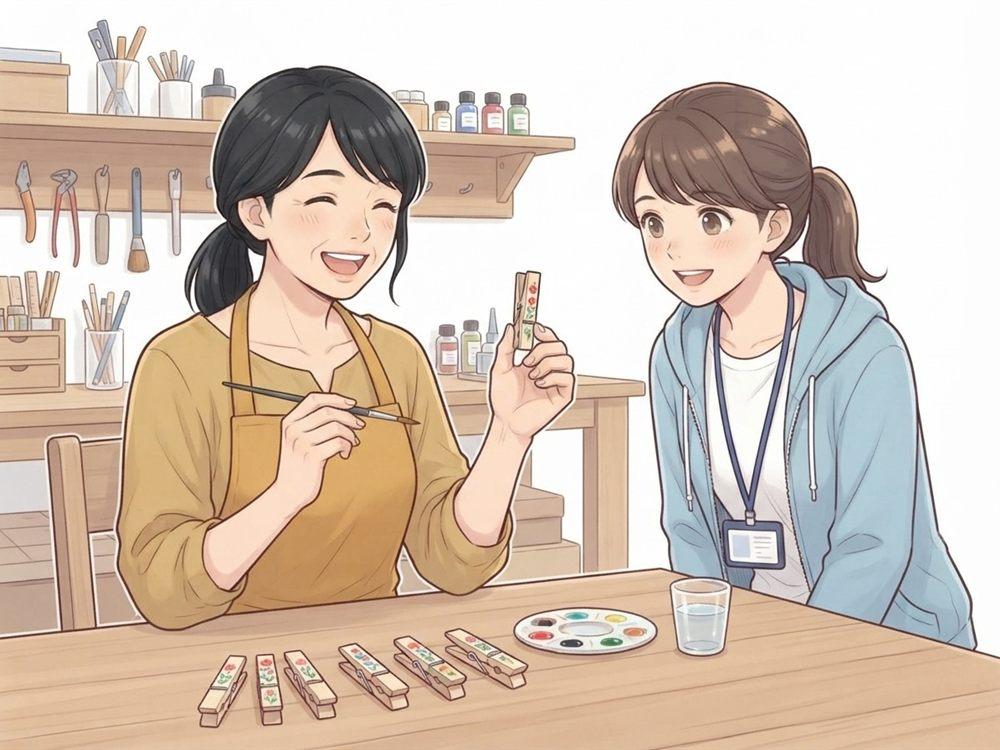 40代の利用者さんが木製クリップに花の絵を描き、ヘルパーと笑い合っている様子のイラスト