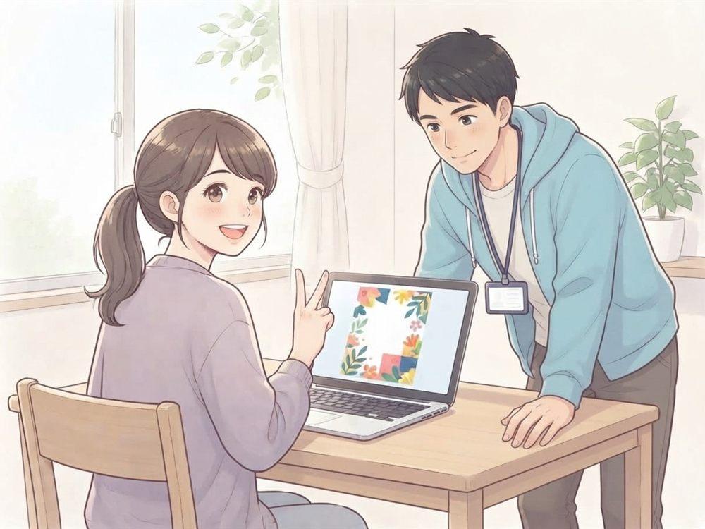 20代の利用者さんがパソコンでチラシのデザインを作り、ヘルパーに笑顔で見せている様子のイラスト