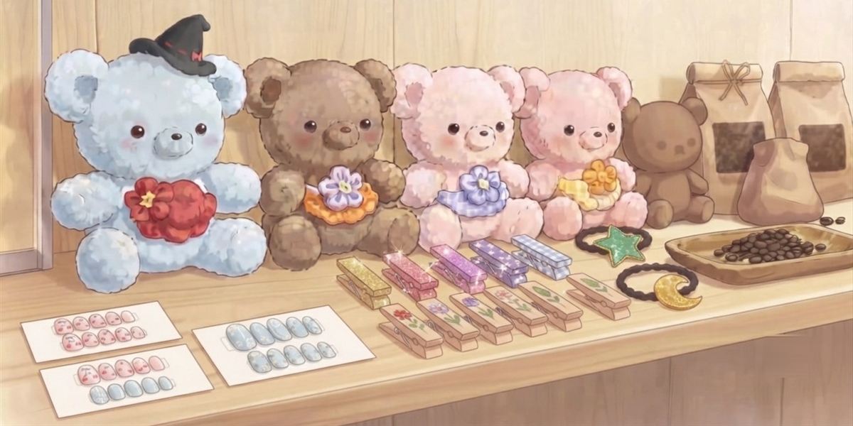 ハコブネ平岸で作っている、くまのぬいぐるみ、木製クリップ、ヘアゴムなどの作品と、コーヒー豆を棚に並べたイラスト