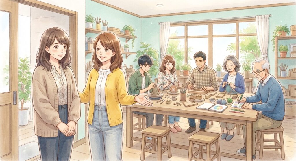見学に来た女性を、スタッフがむかえている作業室。いろいろな年代の人が、それぞれの作業をしている