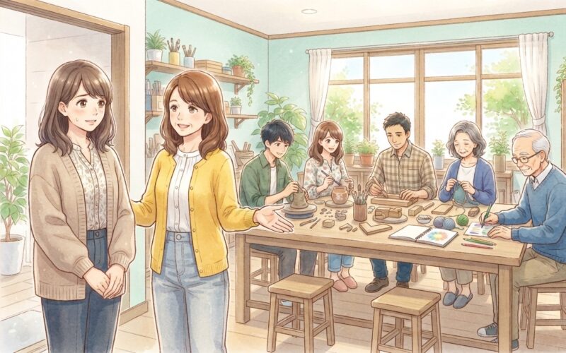 見学に来た女性を、スタッフがむかえている作業室。いろいろな年代の人が、それぞれの作業をしている