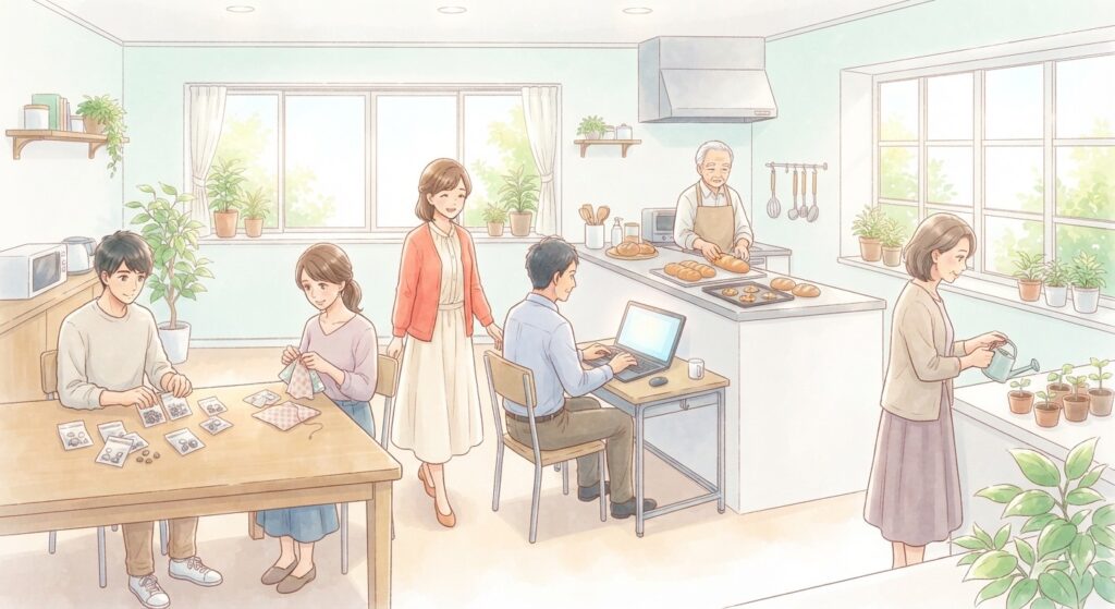 いろいろな年代の人が、軽作業、手芸、パソコン、園芸、パンづくりをしている作業室