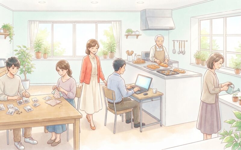 いろいろな年代の人が、軽作業、手芸、パソコン、園芸、パンづくりをしている作業室