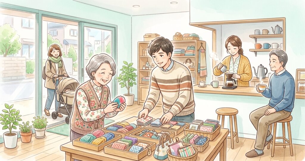 ハコブネ一階のオープンスペースで、手作り品を手に取る人や、コーヒーを入れるスタッフがいる、ショップOPENデイのにぎやかな様子